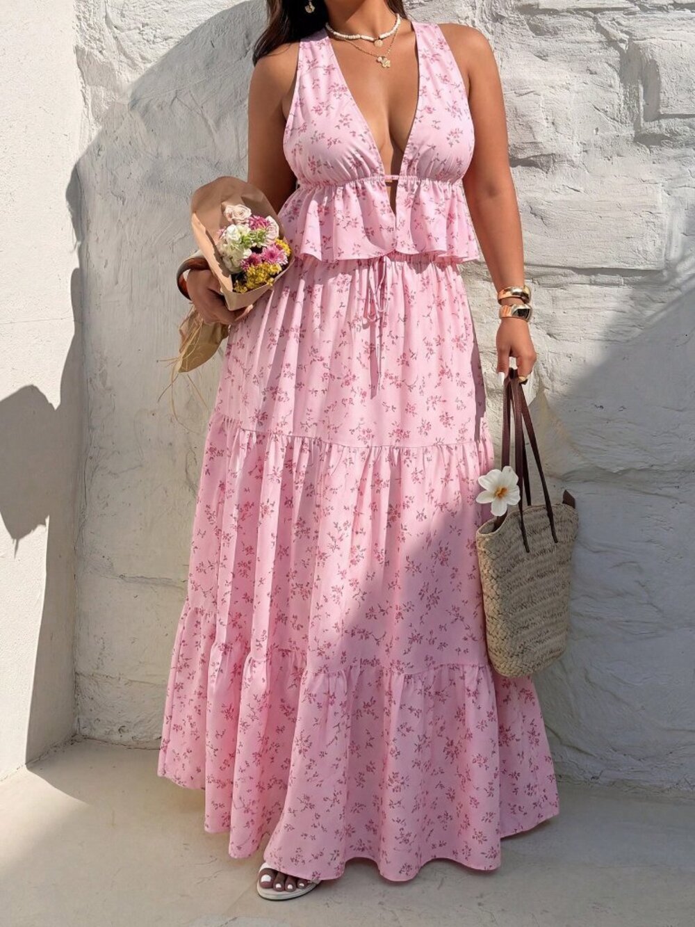 Pink Boho Minimalist Women's Sexy Halter Neck top and Long Skirt 2-Piece Set